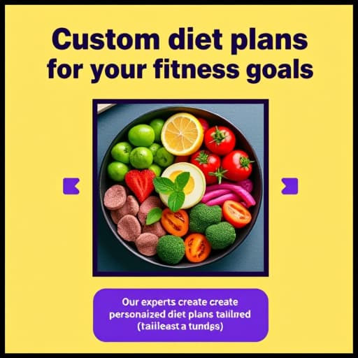  a fitness themed social media post with a light yellow background and a black border. the headline 'custom diet plans for your fitness goals' is placed at the top in a bold, italicized sans serif font in cream color with a black shadow, and a larger, bold sans serif font in purple with a thick black outline and shadow effect. below the headline, there is a square image of a healthy meal or diet plan elements, such as fresh vegetables, fruits, and protein sources, with a thick black border. two small, arrow shaped callout boxes in light yellow with black borders are placed on the left and right of the image. below the image, there is a purple rectangle with black borders containing the text 'our experts create personalized diet plans tailore hyperrealistic, full body, detailed clothing, highly detailed, cinematic lighting, stunningly beautiful, intricate, sharp focus, f/1. 8, 85mm, (centered image composition), (professionally color graded), ((bright soft diffused light)), volumetric fog, trending on instagram, trending on tumblr, HDR 4K, 8K