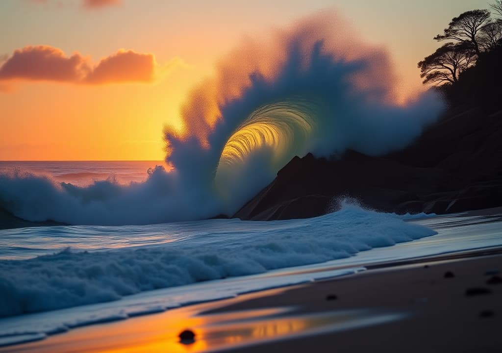  a powerful ocean wave crashing against a rocky shoreline at sunset, with debris scattered on the beach, and silhouetted trees bending in the wind, capturing the raw force and beauty of nature's fury. hyperrealistic, full body, detailed clothing, highly detailed, cinematic lighting, stunningly beautiful, intricate, sharp focus, f/1. 8, 85mm, (centered image composition), (professionally color graded), ((bright soft diffused light)), volumetric fog, trending on instagram, trending on tumblr, HDR 4K, 8K