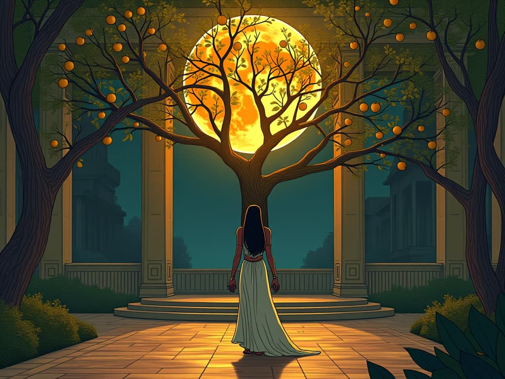  flourishing talents, depicted by a blooming tree with golden fruit, in an egyptian courtyard, under the radiance of a full moon, mood of transformation and growth. the style is digital art illustration / modern comic book / mysterious occult, symbolic, esoteric vibe,high detail on character design, incorporating ancient egyptian symbology and attire.