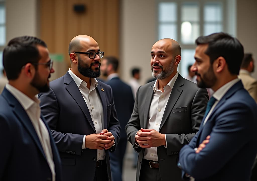  a group of professional muslim people talking to each other in a business event and asking each other questions and keeping their distance