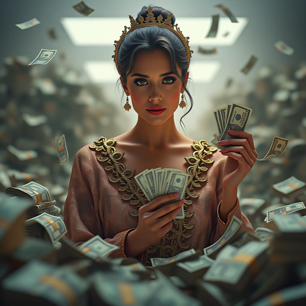  a beauty expert, a millionaire woman, surrounded by mountains of money, with a clear indication that all of this wealth was earned in the beauty industry. hyperrealistic, full body, detailed clothing, highly detailed, cinematic lighting, stunningly beautiful, intricate, sharp focus, f/1. 8, 85mm, (centered image composition), (professionally color graded), ((bright soft diffused light)), volumetric fog, trending on instagram, trending on tumblr, HDR 4K, 8K