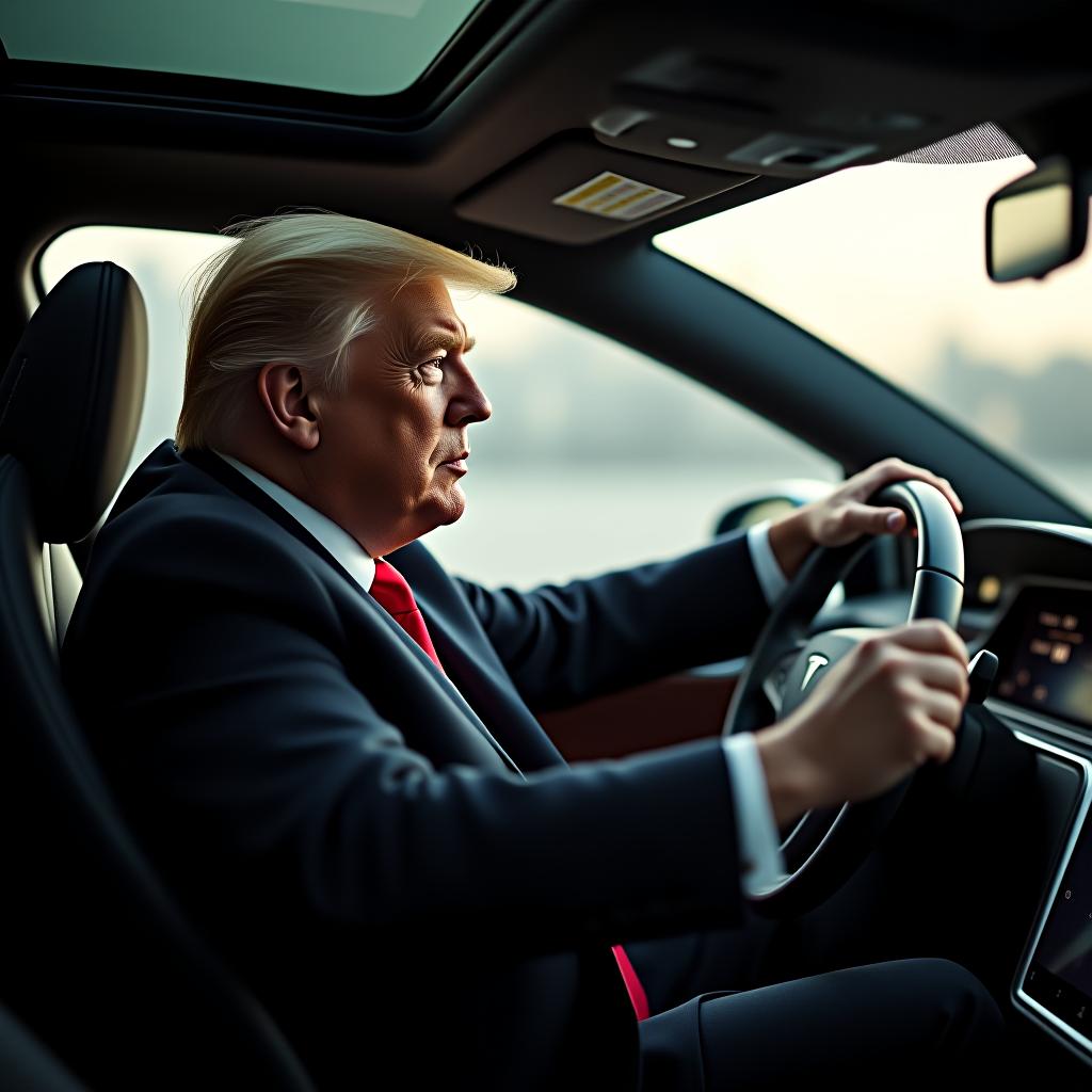  donald trump driving his tesla hyperrealistic, full body, detailed clothing, highly detailed, cinematic lighting, stunningly beautiful, intricate, sharp focus, f/1. 8, 85mm, (centered image composition), (professionally color graded), ((bright soft diffused light)), volumetric fog, trending on instagram, trending on tumblr, HDR 4K, 8K