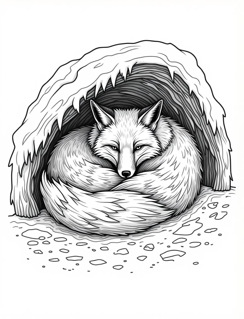  this is for an adult coloring page. a detailed black and white line art of a snowy fox curled up in a snowy den on a solid white background.