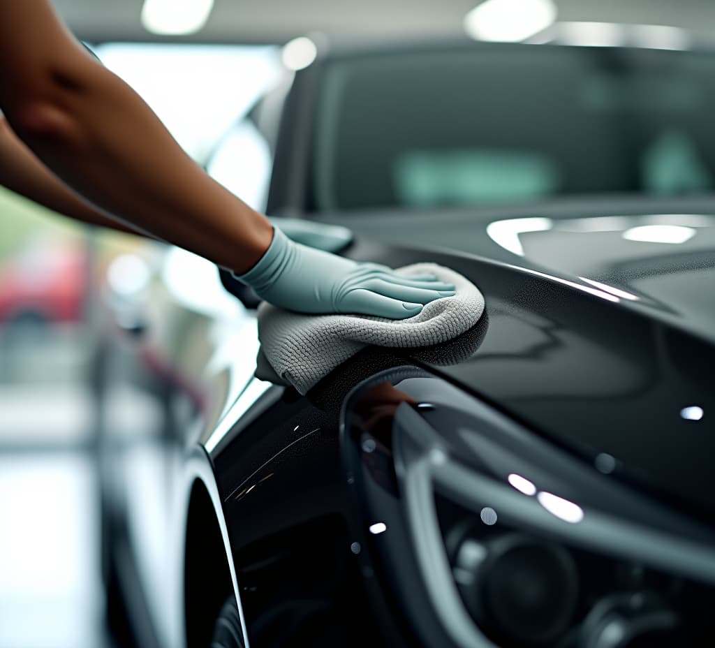  a man cleaning black car with microfiber cloth, car detailing (or valeting) concept. selective focus. 