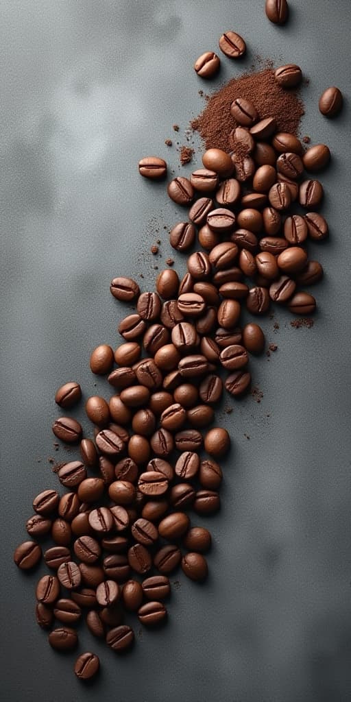  coffee beans and ground coffee on gray background with blank space above view, high quality, high details, hd, perfect composition, 4k epic detailed, highly detailed, sharp focus, high resolution