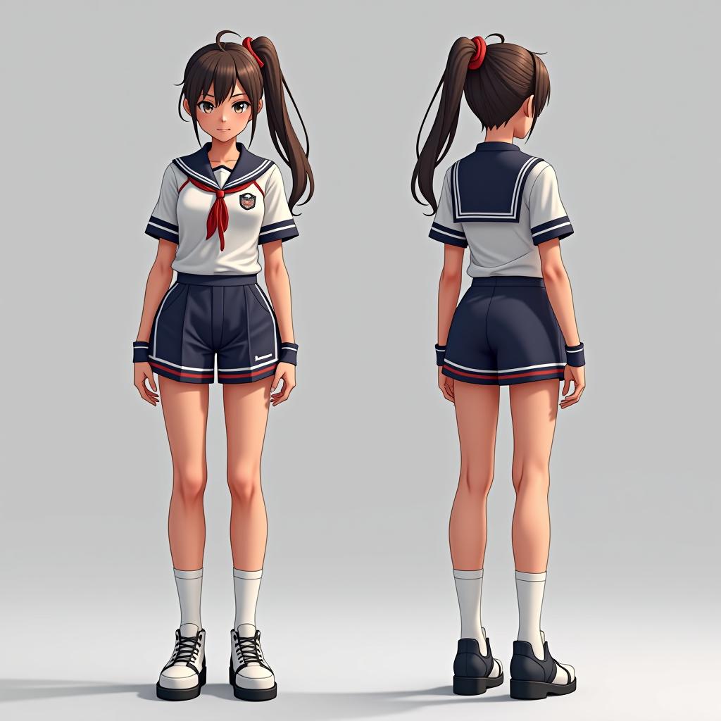  in full growth + highly detailed + schoolgirl + tanned skin + skinny + sport suit + long legs + ponytail hair + a sly squint + smile + smirk + l(character, front, side and back views concept art) + sword art online style + artwork + colored + 8k + hdr hyperrealistic, full body, detailed clothing, highly detailed, cinematic lighting, stunningly beautiful, intricate, sharp focus, f/1. 8, 85mm, (centered image composition), (professionally color graded), ((bright soft diffused light)), volumetric fog, trending on instagram, trending on tumblr, HDR 4K, 8K