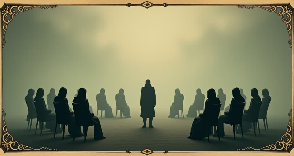  a lone figure standing outside a circle of neatly arranged chairs, each occupied by faceless silhouettes, foggy background, figure is distinct while the others are blurred, sense of exclusion, defiance. an illustration in the style of a worn, mystical old tarot trump card, mysterious and elements of surrealism. the colors are muted, somber and eerie, but with contrast bring out an occult and esoteric vibe.