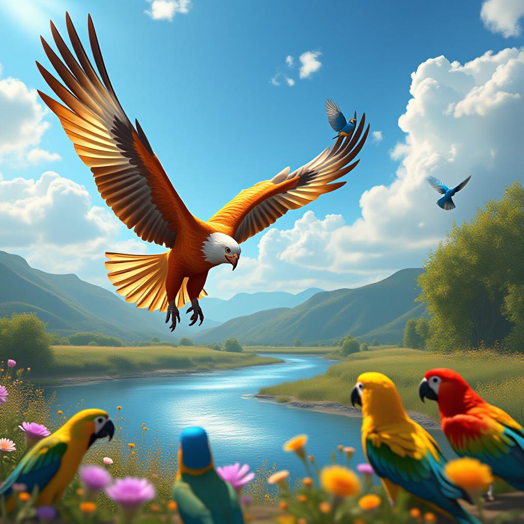  a bright sunny day in early spring with a vibrant blue sky dotted with fluffy white clouds. below, a shimmering river flows gently, surrounded by wildflowers in shades of pink, yellow, and purple, creating a lively and colorful landscape. in the foreground, oliver, a plump orange eagle, is captured mid flight, showcasing his wings outstretched as he performs exciting loops and spirals, his feathers catching the sunlight. his vibrant orange and yellow colors contrast beautifully with the blue sky. below him, a group of colorful parrots, with bright reds, greens, and yellows, is gathered by the riverbank, their eyes wide with wonder and excitement as they cheer for oliver. nearby, bella the tiny bluebird with glossy blue feathers flutters ent hyperrealistic, full body, detailed clothing, highly detailed, cinematic lighting, stunningly beautiful, intricate, sharp focus, f/1. 8, 85mm, (centered image composition), (professionally color graded), ((bright soft diffused light)), volumetric fog, trending on instagram, trending on tumblr, HDR 4K, 8K