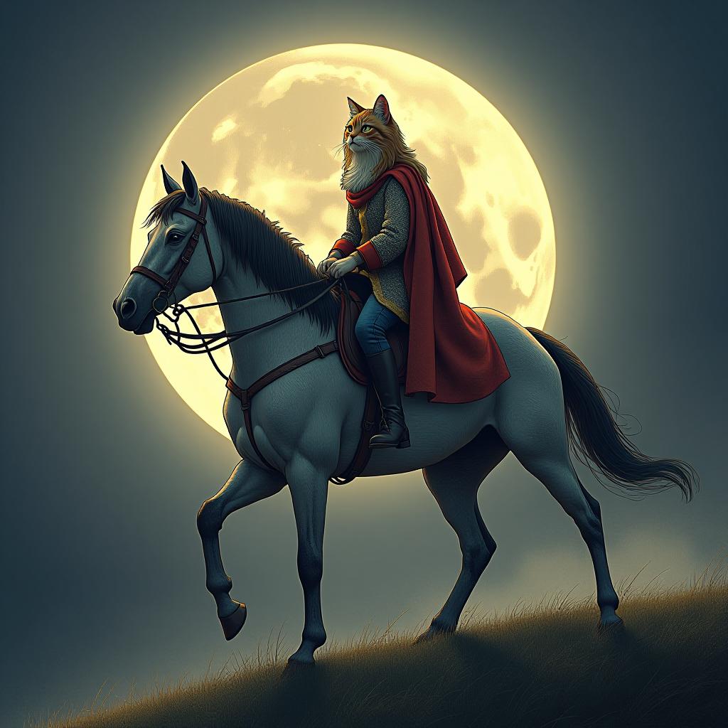  a cat riding a horse, hand drawn, on the moon, studio light, hdr 4k hyperrealistic, full body, detailed clothing, highly detailed, cinematic lighting, stunningly beautiful, intricate, sharp focus, f/1. 8, 85mm, (centered image composition), (professionally color graded), ((bright soft diffused light)), volumetric fog, trending on instagram, trending on tumblr, HDR 4K, 8K