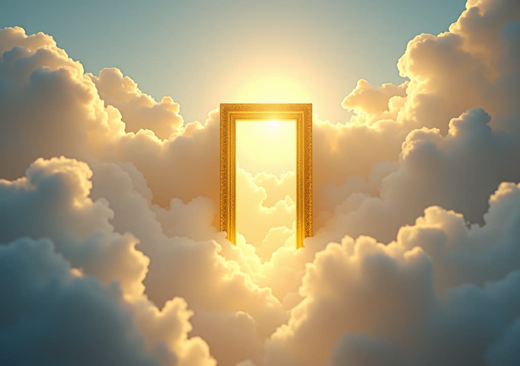  ethereal shiny golden heaven gates or door in the heaven sky, surrounded by white clouds, entrance into paradise, christian religious concept and belief. resurrection or afterlife hope in jesus christ