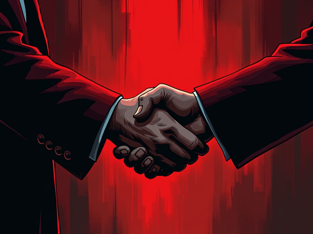  man in red suit shaking hands with another, firm grip, intentional and respectful interaction. the style is digital art illustration / modern comic book / graphic dark novel fantasy and mysterious occult, symbolic, moody lighting, esoteric vibe,high detail on character design. for the color scheme emphasize blacks and reds.