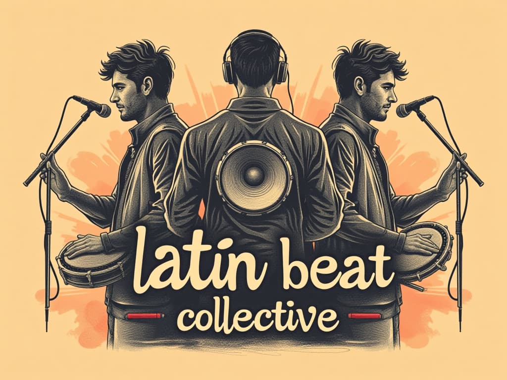  design a logo, in a pencil style. 3 sombras de hombres con tambores, microfono, cables , with the text 'latín beat collective '.