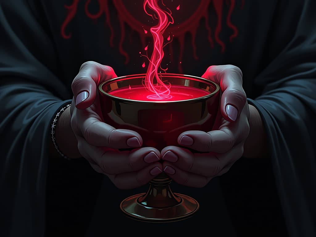  chalice filled with shimmering red liquid, held in delicate hands, dark surroundings, sense of allure and danger, liquid glowing with a faintly sinister light. the style is digital art illustration / modern comic book / graphic dark novel fantasy and mysterious occult, symbolic, moody lighting, esoteric vibe,high detail on character design. for the color scheme emphasize blacks and reds.