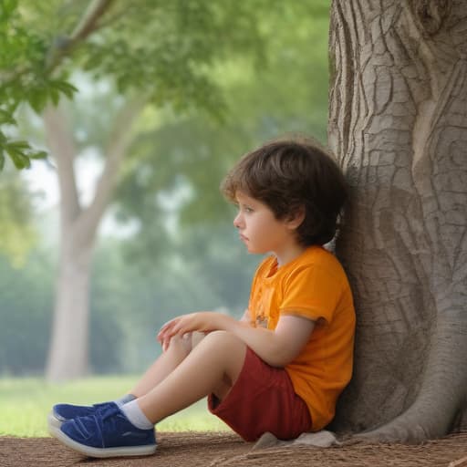 a photo realistic child sitting at the foot of a tree, contemplating nature