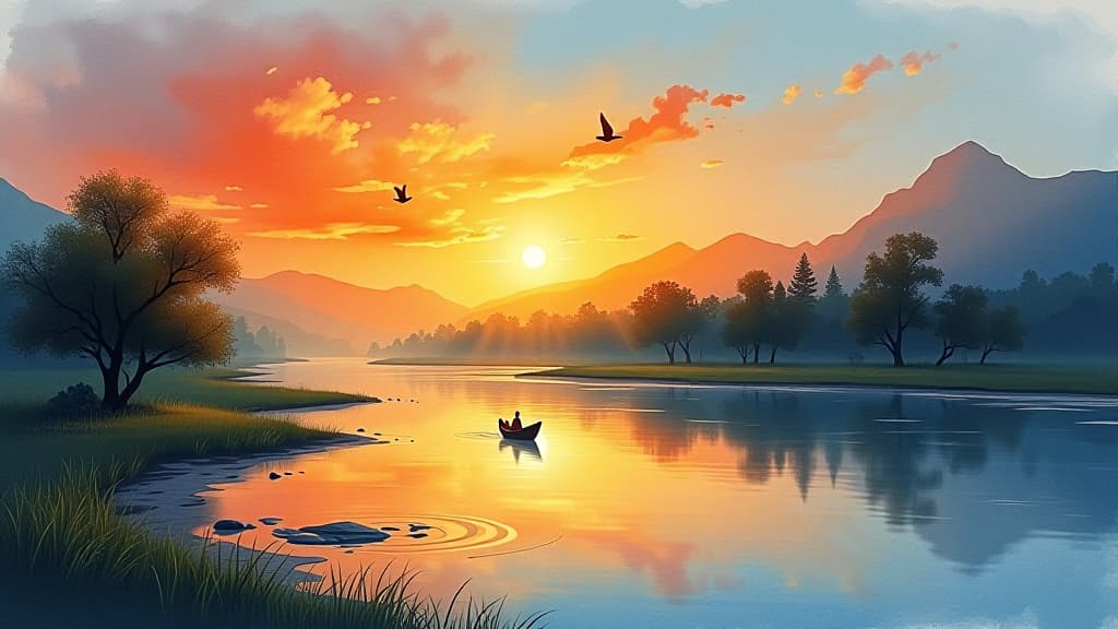  watercolor illustration for nag panchami with the scene of a serene river landscape at sunset.