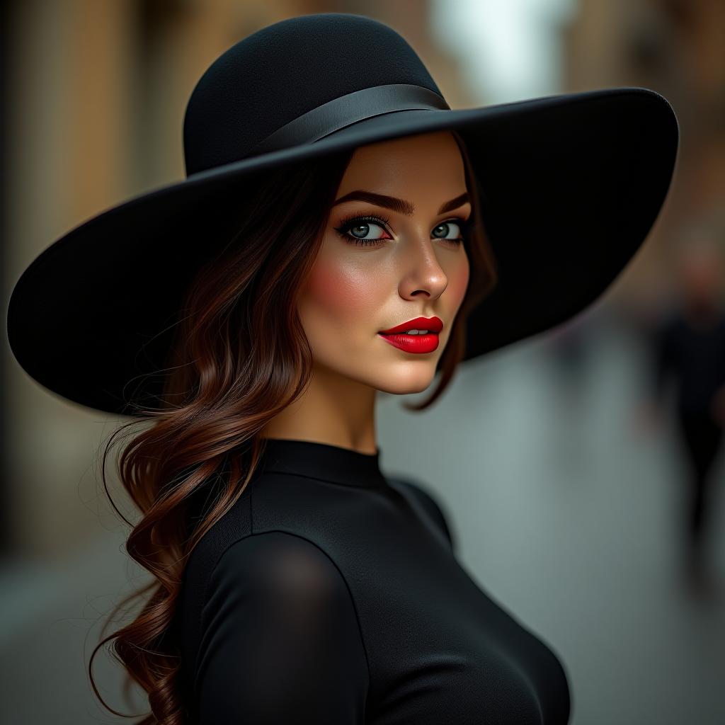  an elegant girl from the side in a black hat and red lipstick.