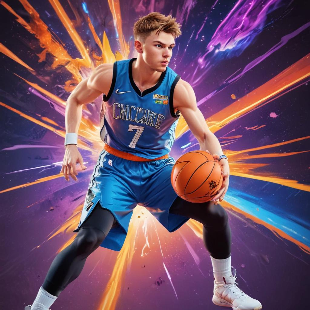 distance-shot, flashy, full-body, dynamic, holographic, animated cartoon poster of luka doncic in the style of dragon ball super