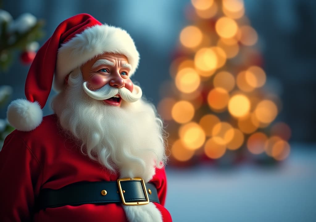  photo of happy santa claus on defocused bokeh effect background with copy space. christmas concept.