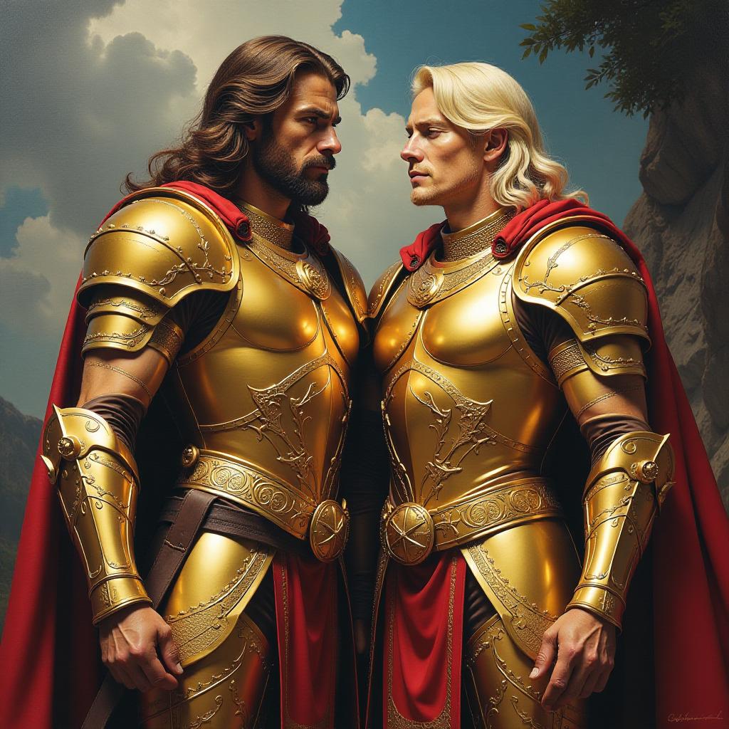  an oil painting in 80's fantasy poster art of two human warriors in majestic golden armor