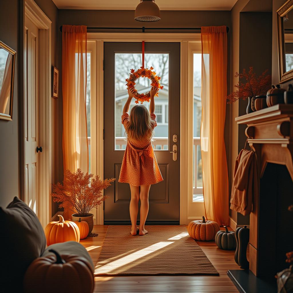  the girl is decorating the house with autumn decor.