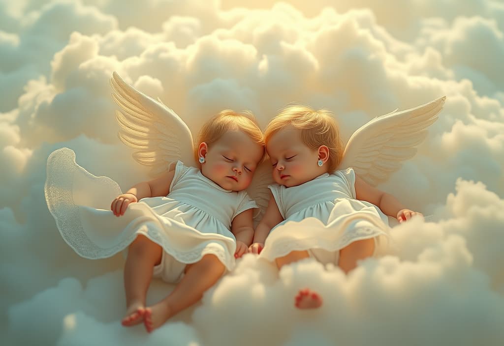  hyperrealistic art two babies in white wheat dresses with earrings sleeping on the clouds in rai, playing cupids and sunlight . extremely high resolution details, photographic, realism pushed to extreme, fine texture, incredibly lifelike hyperrealistic, full body, detailed clothing, highly detailed, cinematic lighting, stunningly beautiful, intricate, sharp focus, f/1. 8, 85mm, (centered image composition), (professionally color graded), ((bright soft diffused light)), volumetric fog, trending on instagram, trending on tumblr, HDR 4K, 8K