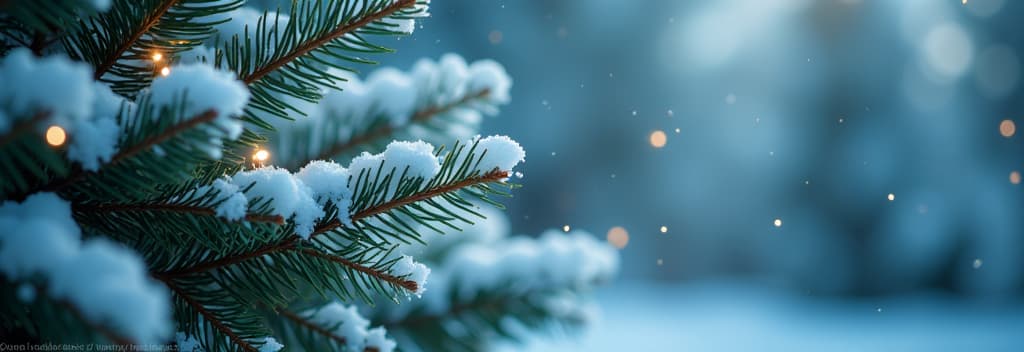  professional detailed photography, christmas fluffy tree, fir branches soft and fluffy, covered with snow, atmospheric fir needles long and short, natural, on a festive blurred blue bokeh background. ar 3:1, (muted colors, dim colors, soothing tones), (vsco:0.3)