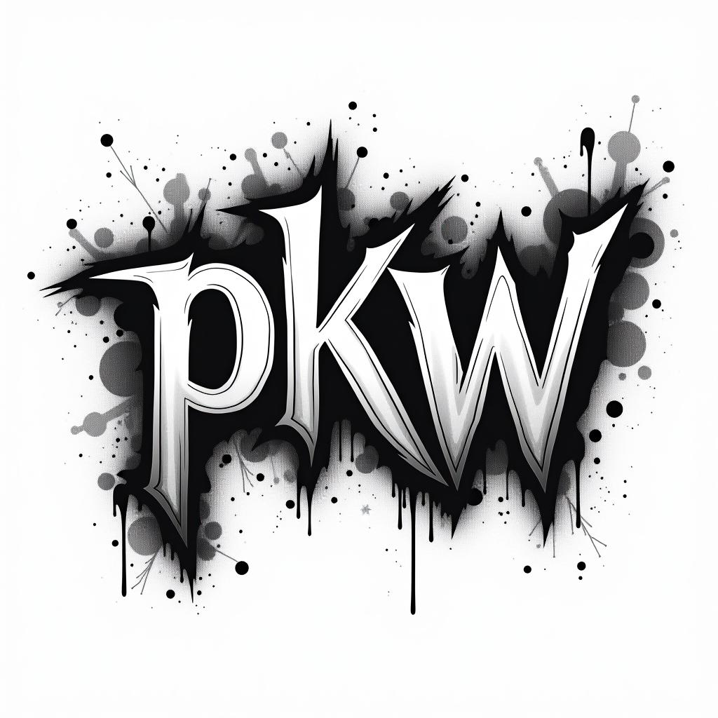  text "pkw",black and white typography logo,dark graffiti font, white background hyper detail, intricate details, sharp focus, high resolution, 8k, ultra detailed, vib