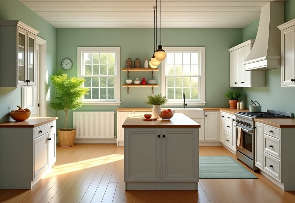  a landscape photo of a bright and airy farmhouse kitchen with soft sage green walls, white shaker cabinets, a large wooden island, and sunlight streaming through windows, captured from a corner perspective hyperrealistic, full body, detailed clothing, highly detailed, cinematic lighting, stunningly beautiful, intricate, sharp focus, f/1. 8, 85mm, (centered image composition), (professionally color graded), ((bright soft diffused light)), volumetric fog, trending on instagram, trending on tumblr, HDR 4K, 8K