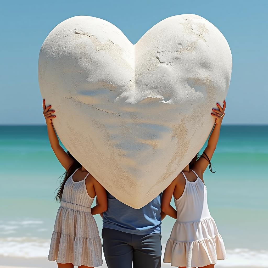  girls and a man hold a huge white heart shaped stone above themselves against the backdrop of the sea.