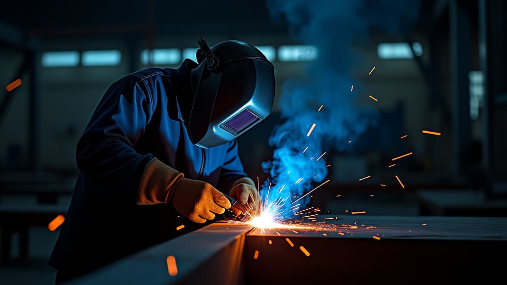  a welder in a dark industrial setting is welding metal, with sparks flying off the metal.