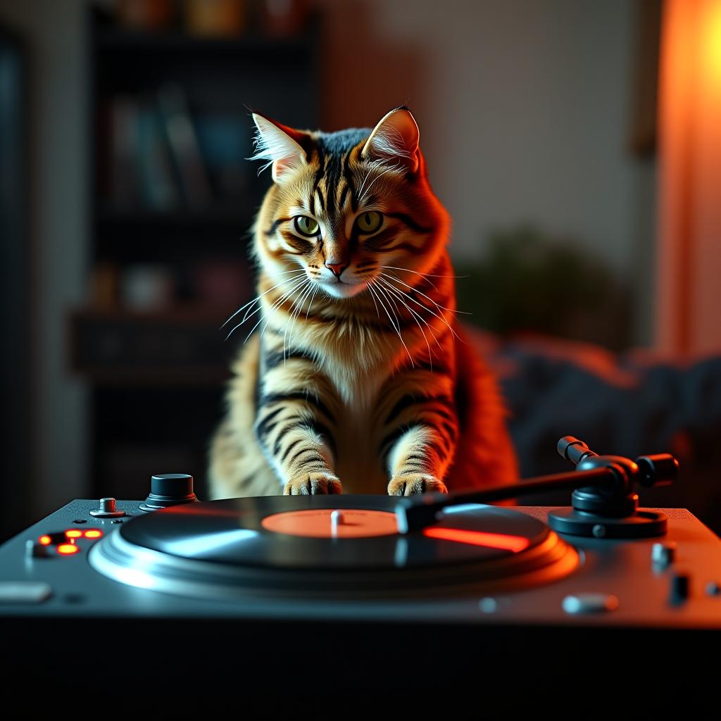  the cat is sitting and playing on the dj turntable.