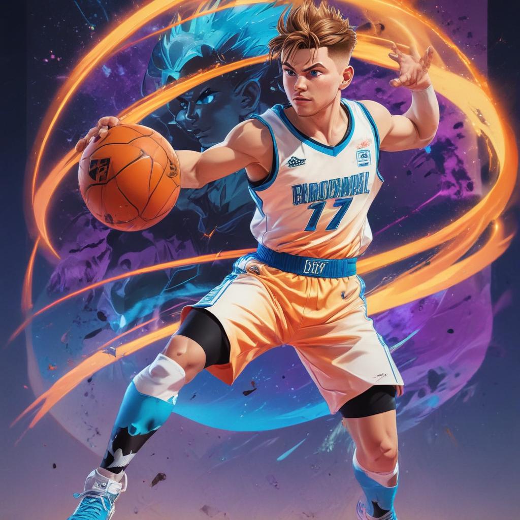 distance-shot, flashy, full-body, dynamic, holographic, animated cartoon poster of luka doncic in the style of dragon ball super