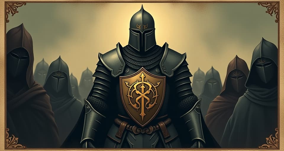  armored knight standing firm amidst a crowd, eyes resolutely focused forward, shield emblazoned with an intricate symbol, crowd's hostile stares, mood of unwavering conviction and strength. an illustration in the style of a worn, mystical old tarot trump card, mysterious and elements of surrealism. the colors are muted, somber and eerie, but with contrast bring out an occult and esoteric vibe.