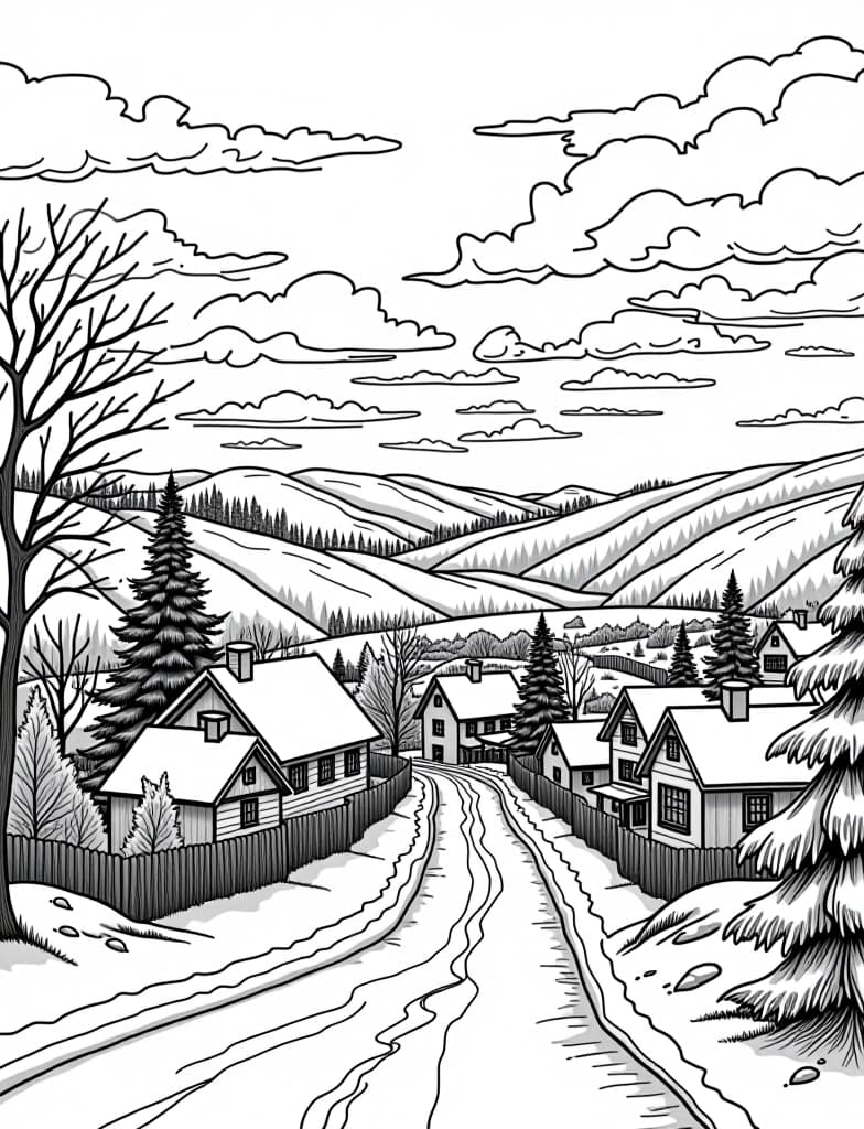  this is for an adult coloring page. a detailed black and white line art of a snowy winter sunrise over a snow covered town on a solid white background.