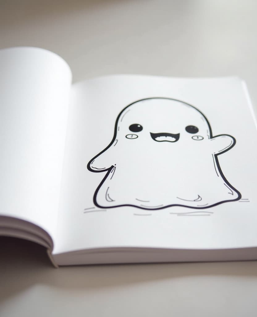  an open coloring book with a drawing of a kawaii ghost on one sheet on the right and the opposite sheet is blank, the sheets are slightly open, as if they were being flipped through, hand drawn, focusing on simplicity and clarity of lines, perfect for coloring., high quality, high details, hd, perfect composition, 4k epic detailed, highly detailed, sharp focus, high resolution