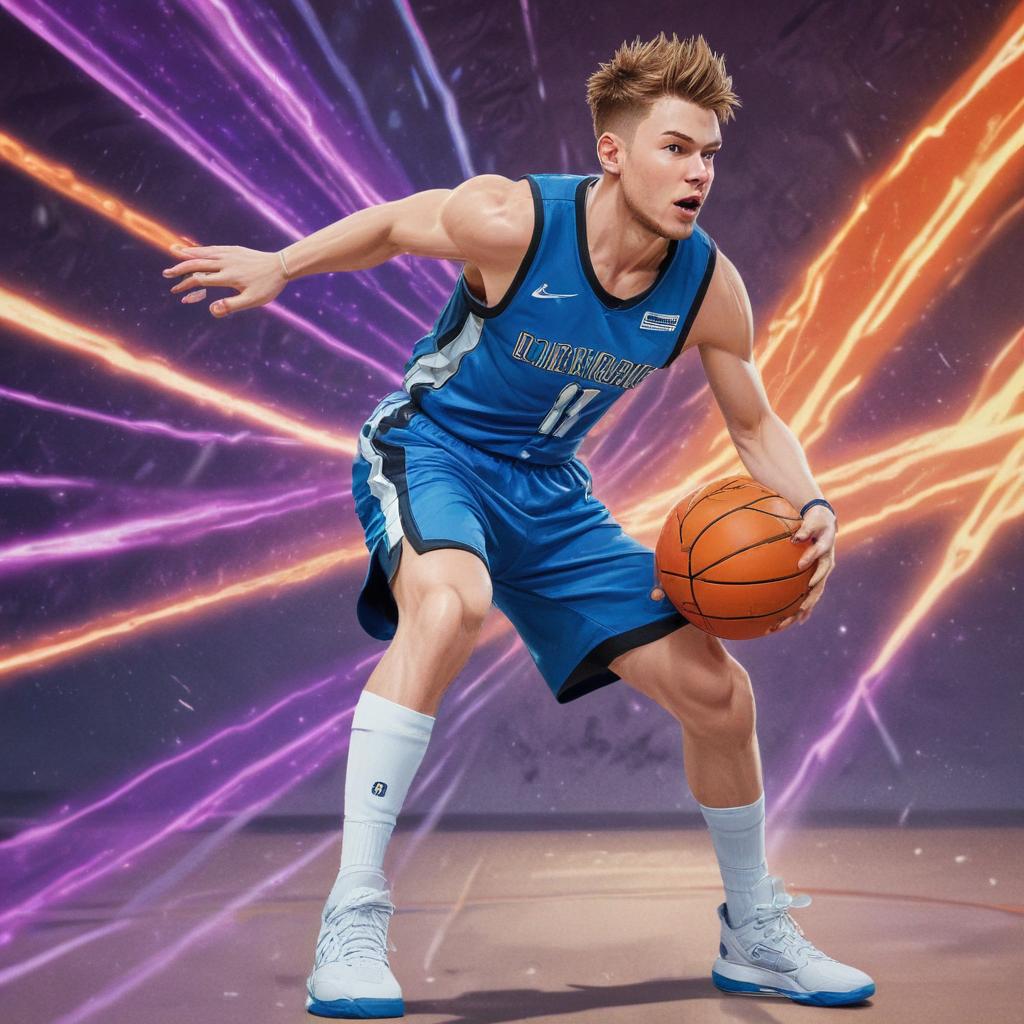 distance-shot, flashy, full-body, dynamic, holographic, animated cartoon poster of luka doncic in the style of dragon ball super