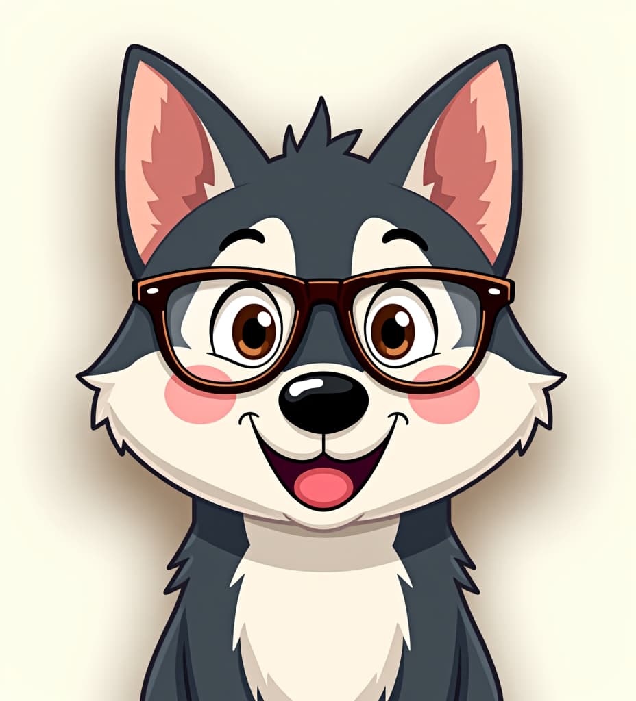  a cartoonish husky with a background and glasses