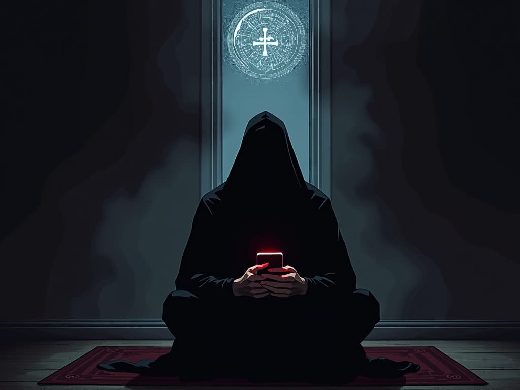  person sitting in dim room, illuminated by phone screen, sense of drawn attention. the style is digital art illustration / modern comic book / graphic dark novel fantasy and mysterious occult, symbolic, moody lighting, esoteric vibe,high detail on character design. for the color scheme emphasize blacks and reds.