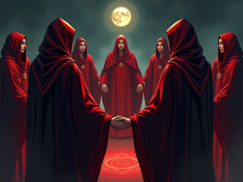  gathering of mystics in red robes, holding hands in a circle, celestial symbols glowing, sense of community and chosen ones. the style is digital art illustration / modern comic book / graphic dark novel fantasy and mysterious occult, symbolic, moody lighting, esoteric vibe,high detail on character design. for the color scheme emphasize blacks and reds.