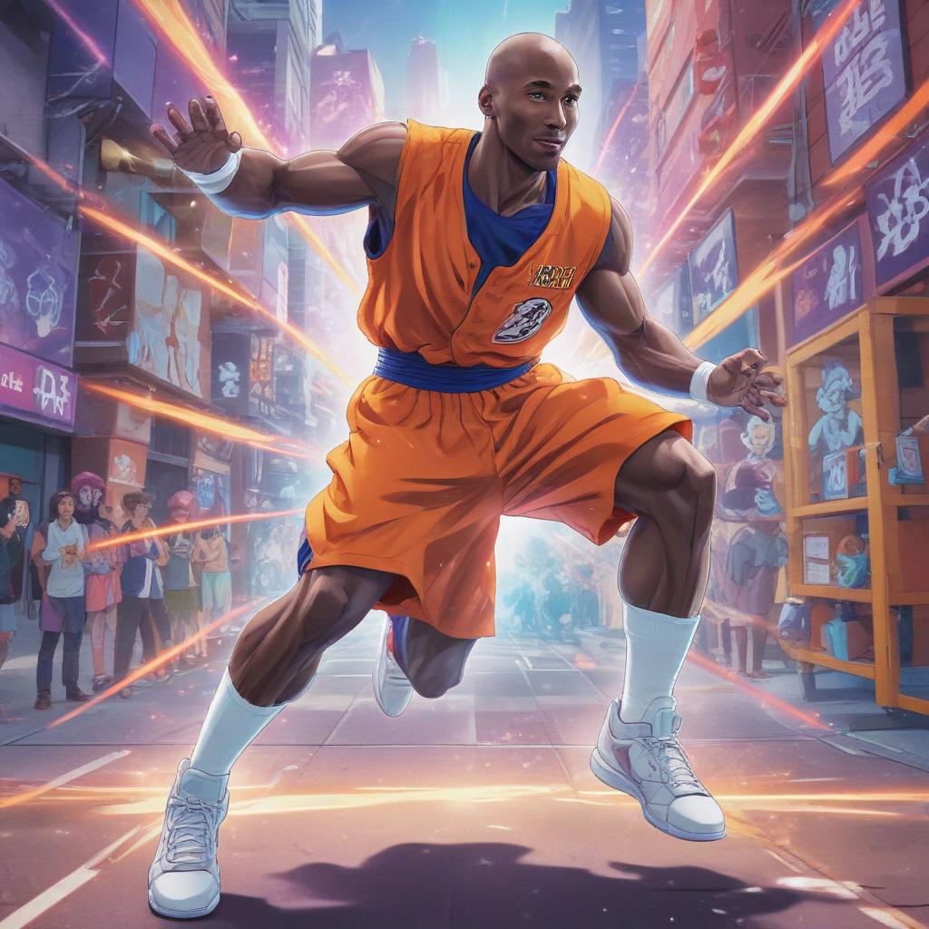 distance-shot, flashy, full-body, dynamic, holographic, animated cartoon poster of kobe scene in the style of dragon ball super