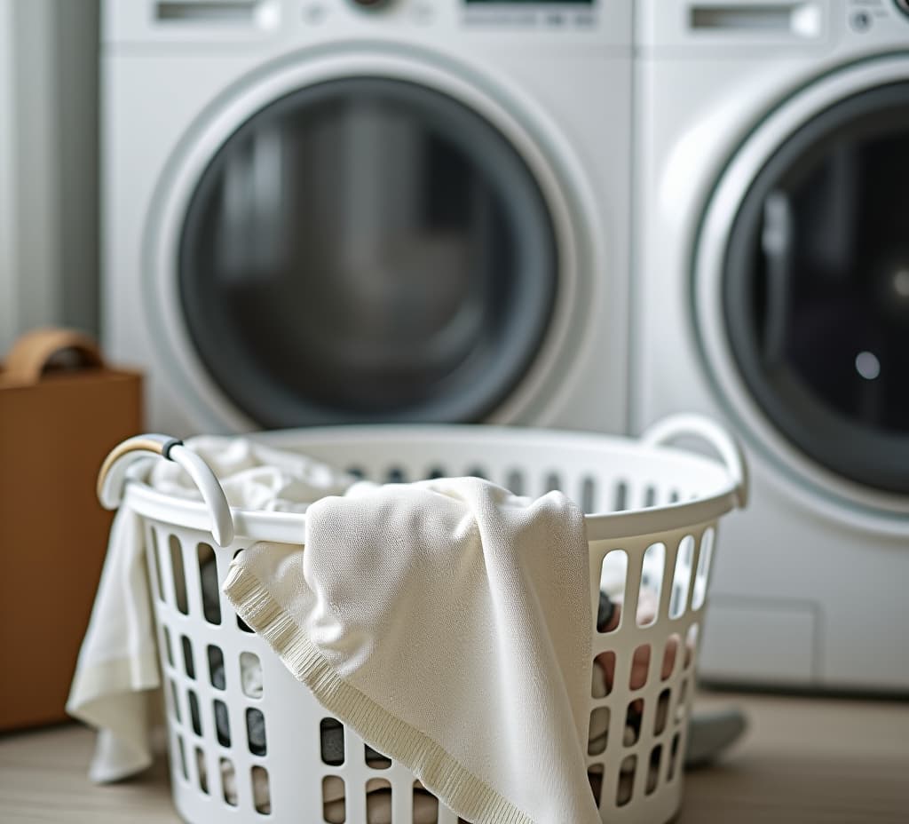  a laundry basket with a towel in front of a washing machine