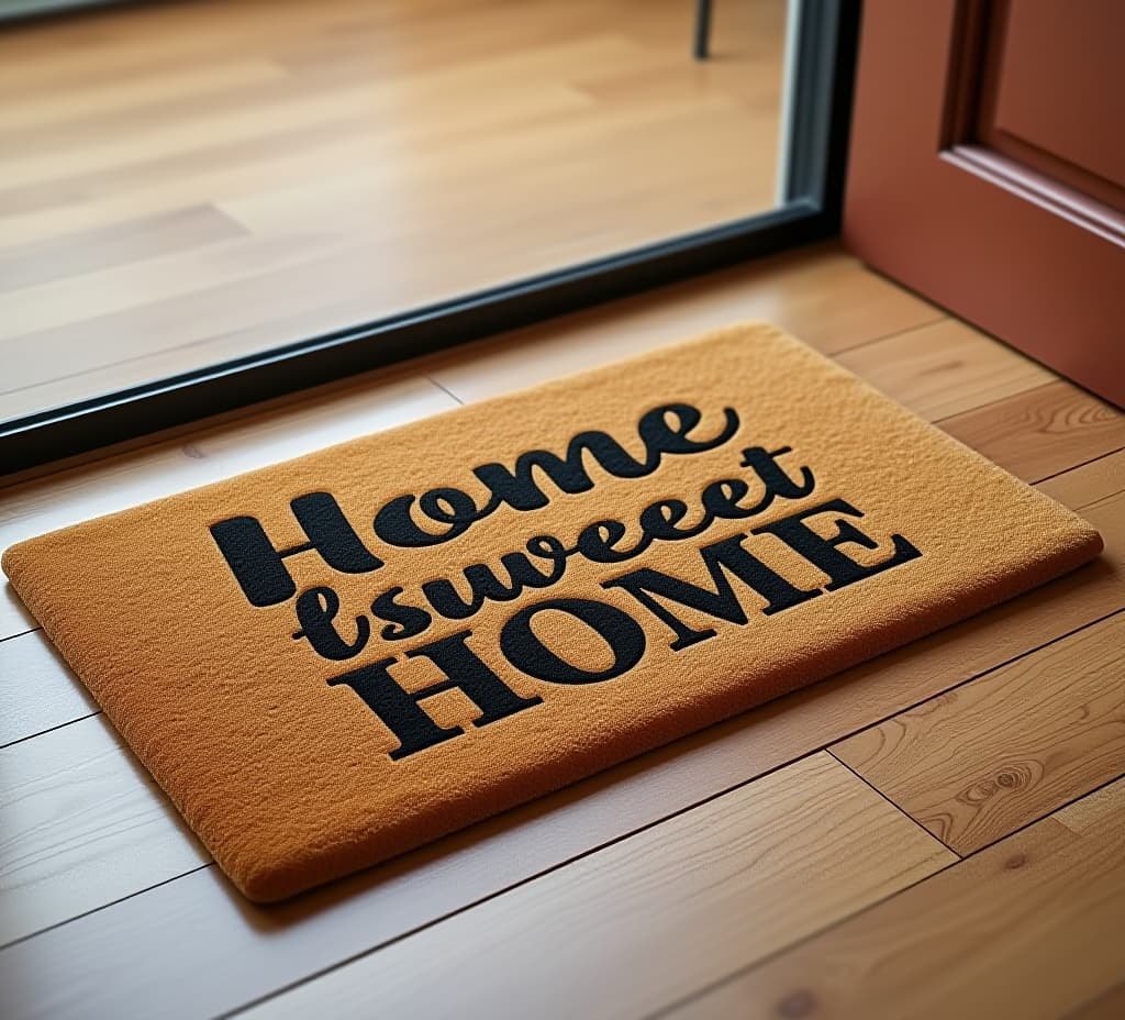  closeup of a brown doormat or welcome mat with the text "home, sweet home" on a wooden parquet or laminate floor indoors, in a house interior. welcoming greeting for the guests, entrance carpet