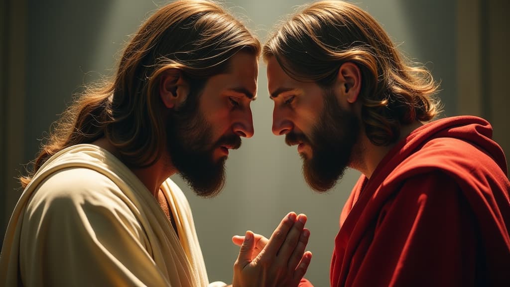  history of biblical times, a split image showing jesus performing miracles and forgiving sins, contrasted with judas contemplating betrayal. hyperrealistic, full body, detailed clothing, highly detailed, cinematic lighting, stunningly beautiful, intricate, sharp focus, f/1. 8, 85mm, (centered image composition), (professionally color graded), ((bright soft diffused light)), volumetric fog, trending on instagram, trending on tumblr, HDR 4K, 8K