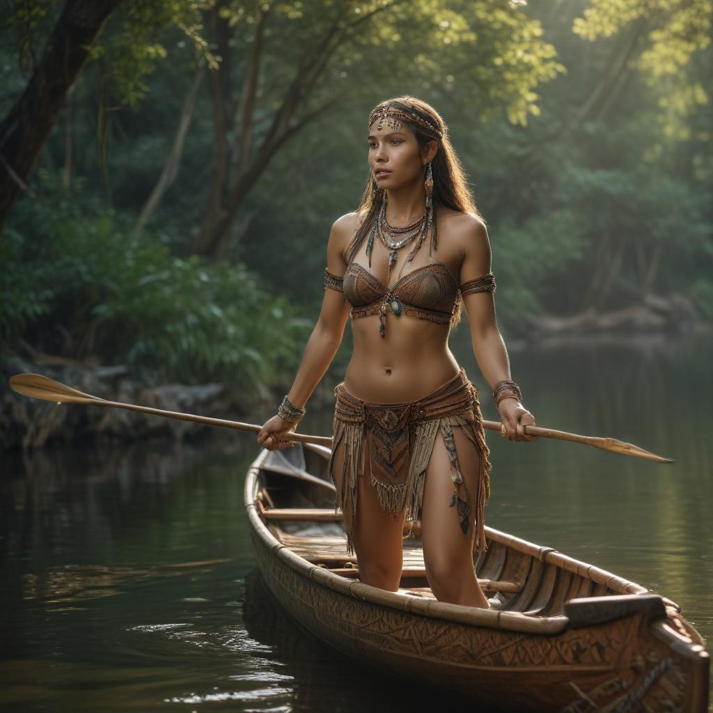 ((masterpiece)),(((best quality))), 8k, high detailed, ultra detailed, sexy tribe woman fishing, tribe woman, fishing, (traditional canoe), (lush forest surroundings), (tribal body art), (dramatic shadows) hyperrealistic, full body, detailed clothing, highly detailed, cinematic lighting, stunningly beautiful, intricate, sharp focus, f/1. 8, 85mm, (centered image composition), (professionally color graded), ((bright soft diffused light)), volumetric fog, trending on instagram, trending on tumblr, HDR 4K, 8K