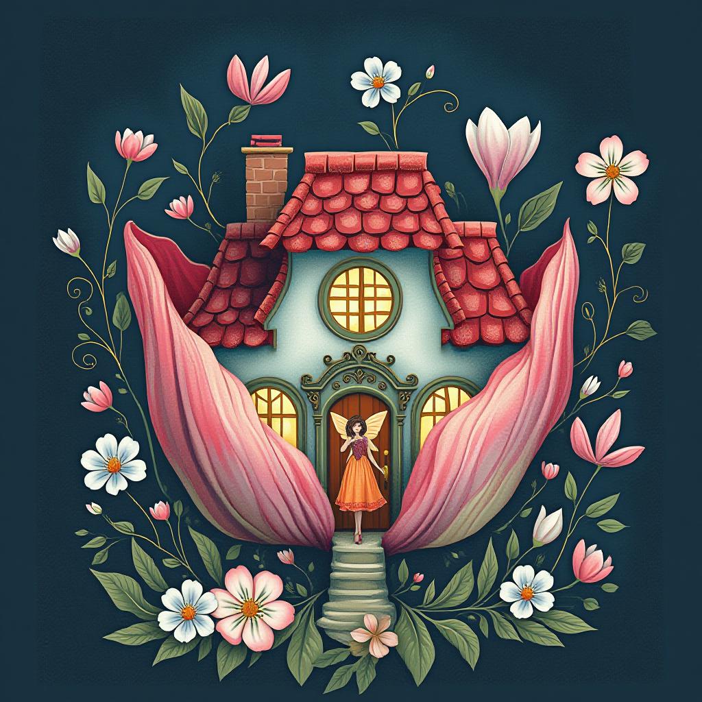  ((flower fairy shop)) ((a small house with a tiled roof and carved windows surrounded by flowers of scarlet, pink, crocus1,5)) ((in the bud of a blossoming flower sits an enchanting fairy and invites customers into her shop. (1,5 fine, fine fractal glitter bright petal line gold ink sketch on dark blue background, (pixie petal silhouette:1,3), bud outline outline, bud outline, pixie fairy leaves with wings. (flower colour):alo pink, white pink, pearl blue, pearl blue, snow white) . (style):fantasy, art design, art deco, advertising, window display, (colours):soft pink, light lavender, white, soft green, all pastel shades.