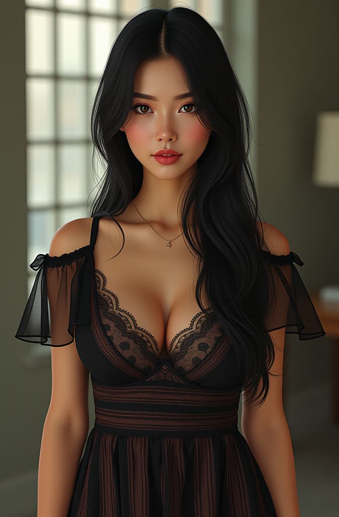  asian woman, mini dress, neckline, big bust, makeup, long black hair, brown eyes, realistic, portrait, art by donato giancola and greg rutkowski, realistic face, digital art, trending on artstation hyperrealistic, full body, detailed clothing, highly detailed, cinematic lighting, stunningly beautiful, intricate, sharp focus, f/1. 8, 85mm, (centered image composition), (professionally color graded), ((bright soft diffused light)), volumetric fog, trending on instagram, trending on tumblr, HDR 4K, 8K