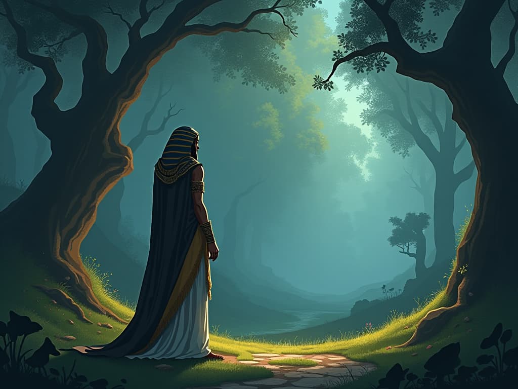  a serene forest scene, with elements like trees, wind, and earth subtly communicating profound purposes. the style is digital art illustration / modern comic book / mysterious occult, symbolic, esoteric vibe,high detail on character design, incorporating ancient egyptian symbology and attire.