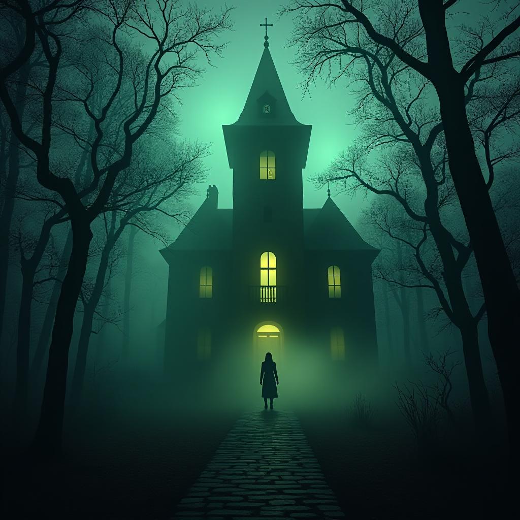  create a high quality, photorealistic image that vividly depicts the following scene: haunted victorian era mansion, enshrouded in unearthly mist, standing in the heart of a dense forest under a lightless night sky. crumbling stone exterior, high tower peeking through dead gnarled trees shimmering in an eerie, supernatural green glow enraptured in haunting whispers. the light from a single window paints ghostly shadows on the lingering fog. canon eos r5, wide angle, f/2.8, iso 400, 15s exposure, 8k, raw, deep contrast, atmospheric lighting, surreal, in frame. the image should: focus on the specific actions, emotions, and elements described in the scene show detailed facial expressions and body language of any character hyperrealistic, full body, detailed clothing, highly detailed, cinematic lighting, stunningly beautiful, intricate, sharp focus, f/1. 8, 85mm, (centered image composition), (professionally color graded), ((bright soft diffused light)), volumetric fog, trending on instagram, trending on tumblr, HDR 4K, 8K