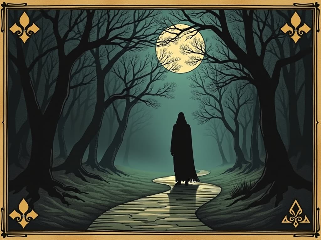  dark figure setting traps in the path, winding, shadowy route, subtle glint of moonlight, feeling of danger, obstruction. an illustration in the style of a worn, mystical old tarot trump card, mysterious and elements of surrealism. the colors are muted, somber and eerie, but with contrast bring out an occult and esoteric vibe.