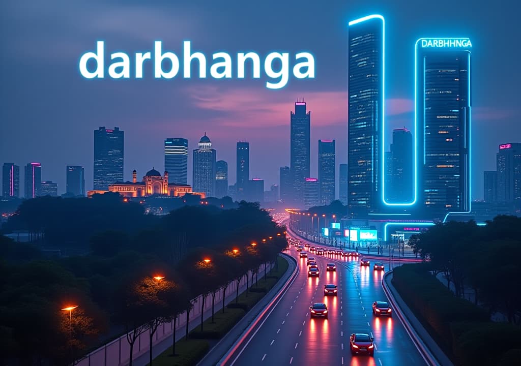  a futuristic, cyber themed depiction of darbhanga as a smart city. the scene showcases advanced skyscrapers with glowing neon lights, sleek autonomous vehicles on the roads, and high tech public spaces. the streets are clean and bustling with people, connected by a network of digital displays and holograms that provide real time information. traditional elements like the darbhanga fort are seamlessly integrated into the modern skyline, blending history with innovation. the word 'darbhanga' appears prominently in a stylized, digital font, possibly as a holographic sign or on a futuristic building, symbolizing the city's leap into a high tech future.